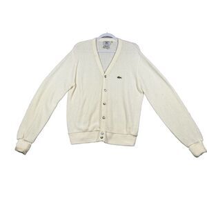 Izod Lacoste Sweater Mens L White‎ Cardigan Knit Gator Logo USA Grampa Y2K